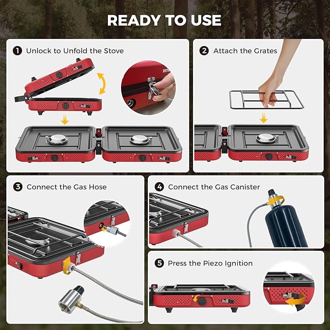 CAMPLUX FoldGo 2 Burner Portable Camping Stove 17200 BTU Foldable Propane Stove for Outdoor Cooking with Carry Bag Portable Gas Stove with 2 Adjustable Burners Red