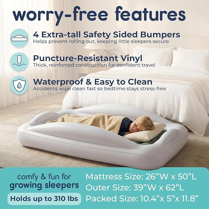 Hiccapop Inflatable Toddler Travel Bed with Safety Bumpers [4-Sided] Portable Toddler Bed for Kids Toddler Air Mattress Kids Air Mattress - Sage Green