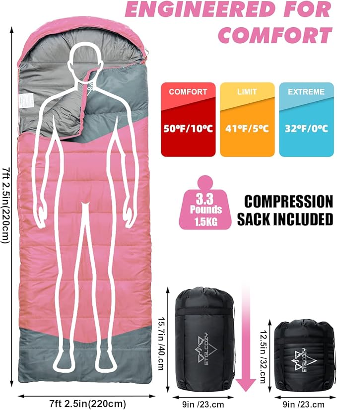 Lightweight 3-Season Sleeping Bag for Adults/Kids Camping Compact w/Compression Sack Waterproof Ripstop Portable for Backpacking Hiking Travel