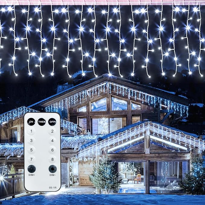 32.8FT Icicle Lights Christmas Outdoor with 400LED 75 Drops IP65 Waterproof Eaves Lights 8 Modes for Christmas Eaves Garden Room Decoration Cool White