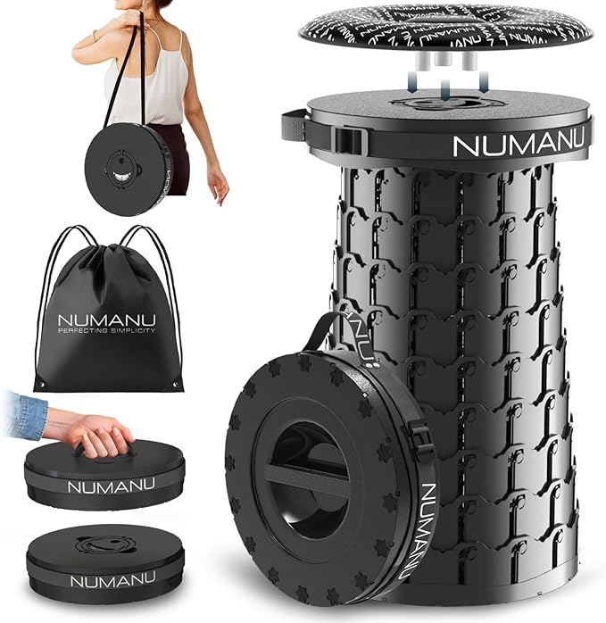 NUMANU 2026 Upgraded XXL Collapsible Stool with Cushion &amp Bag 1000lbs Max Weight 19.7 Heavy Duty Portable Retractable Telescoping Folding Seat Chair or Travel Footrest