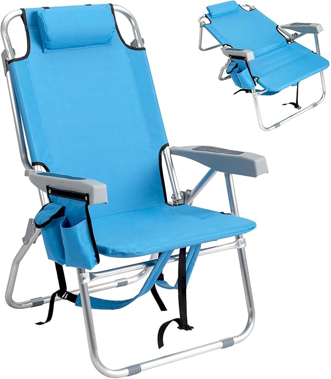 Tall Folding Backpack Beach Chair with Towel Bar5 Adjustable PositionsTowel bar Cooler and Storage Pouch Cup Holder and Phone HolderCamping Chairs for AdultsAluminumSupports 220 lbs Blue