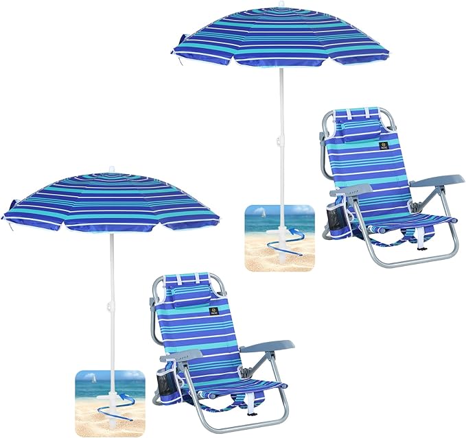 Nice C Toddler Beach Chair Kids Beach Chair with Umbrella Backpack Beach Folding Chairs Backpack Camping Chairs 5-Position Reclining with Cup Holder for Beach Camping Picnic (2 Pack)
