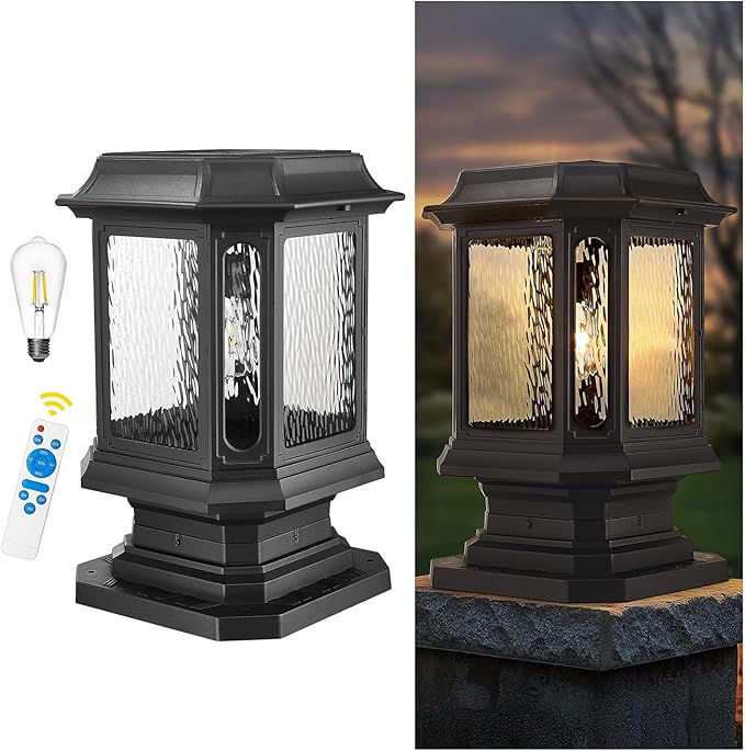 Emliviar Exterior 23.5 Inch Solar Post Light Outdoor Aluminum Post Lamp with Pier Mount Base Integral Black LED Pillar Lantern with Water Ripple Glass XE310P SL BK-SW