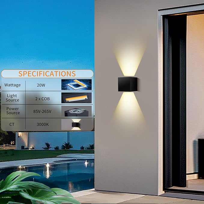 2 Pack Outdoor Wall Lights Fixture 20W3000K Exterior Modern Front Porch Sconces Hardwired Wall Mount Up Down Lighting for Patio Fence Hallway Entrance