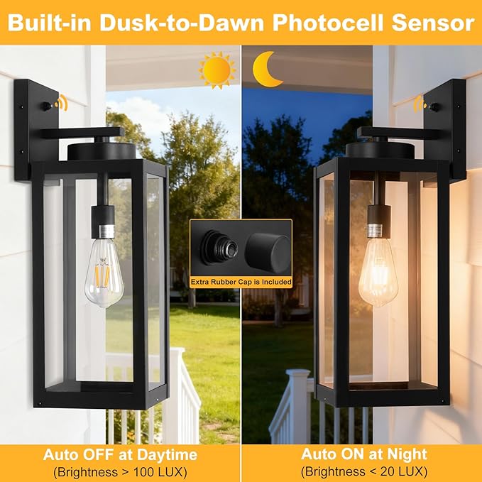 20 Large Dusk to Dawn Outdoor Wall Lantern with Closed Bottom - Black Outdoor Porch Lantern Wall Mounted Waterproof Modern Outside Wall Sconce Coach Lamp for House E26 2 Packs