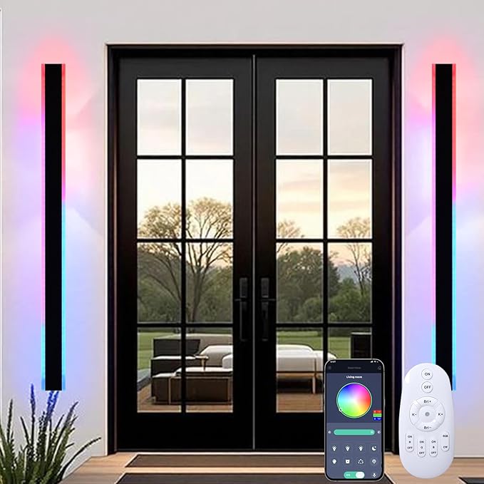 WINSEHN 2-Pack 60-Inch Long Linear Outdoor RGB Wall Light Fixtures 36W IP65 Waterproof Exterior Wall Mounted Entrance Lighting for Garage Porch House Remote Control Included