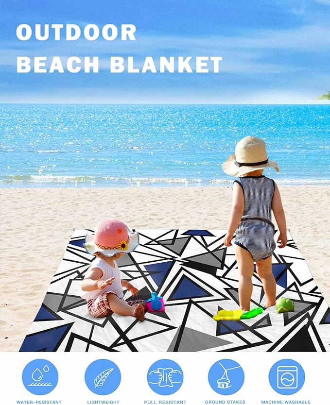 Beach Blanket Waterproof Sandproof OversizedNavy Blue Black Geometric Triangle Beach Mat with Corner Stakes Sand PocketsModern Abstract Style Outdoor Picnic Mat for Travel Camping Hiking118x108In
