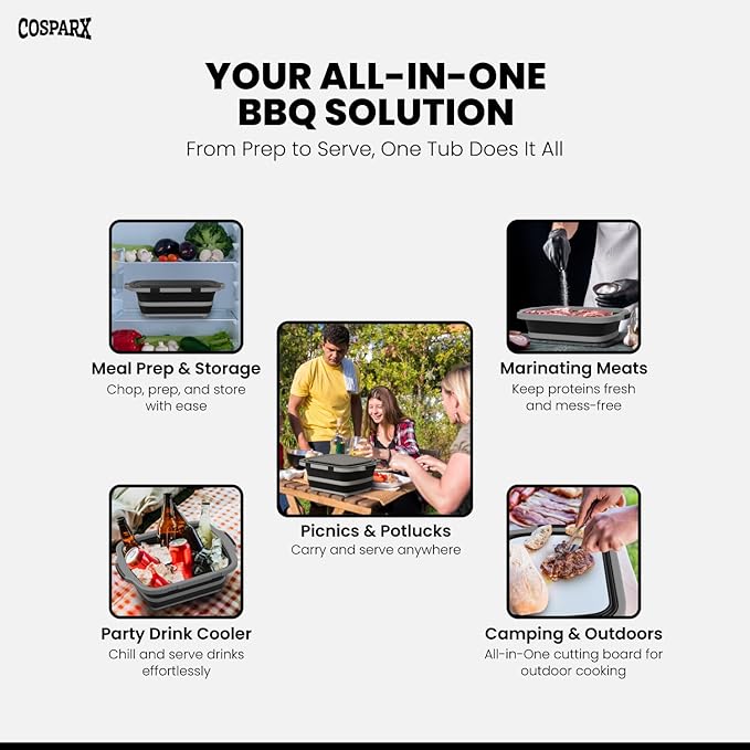 XL Collapsible BBQ Prep Tub with Cutting Board &amp Drain Plug – Portable Food Prep Station for Kitchen Camping &amp Grill – Dishwasher Safe Space-Saving Design – Heat-Resistant Glove Included (Bl