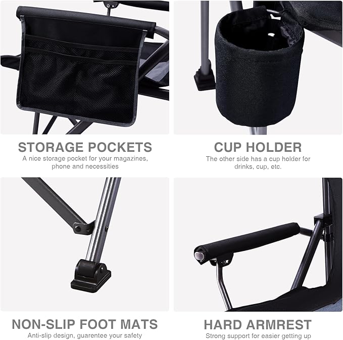 EVER ADVANCED Oversized Folding Camping Chair for Adults Heavy Duty Lawn Chair with Side Pockets Portable Collapsible Quad Chair for Outside Support Up to 500lbs Black 2PACK