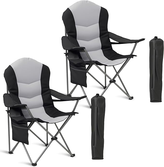 2 Pack Folding Camping Chairs for Adults - High Back Padded Outdoor Lawn Chairs with Lumbar Support &amp Cup Holder 400lbs Heavy Duty Portable Camping Chairs Set (Light Black &amp Gray 2 PCS)