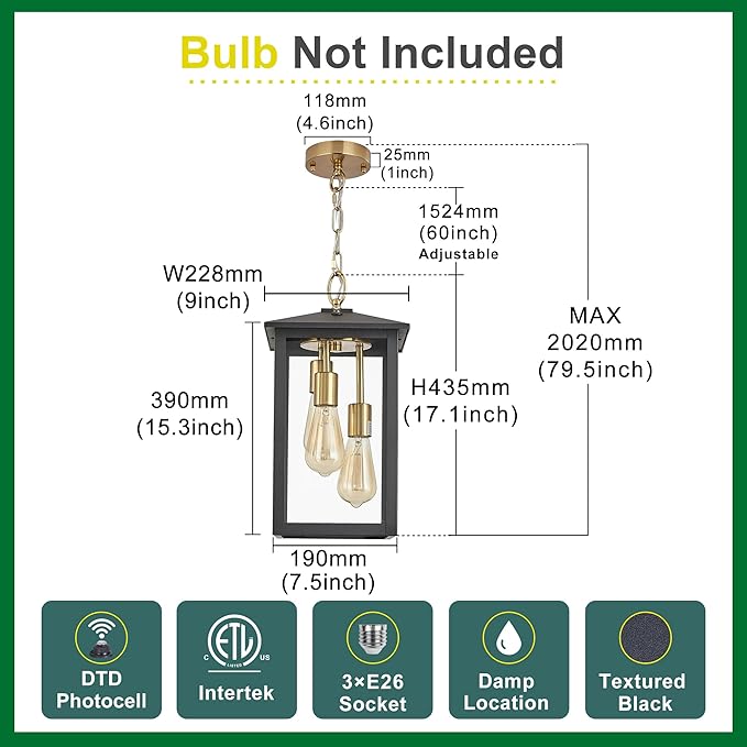 17IN Large Dusk to Dawn Outdoor Pendant Light 3-Light Modern Black Metal Outside Chandelier Exterior Hanging Fixture Ceiling Mount with Clear Glass for Front Porch Entrance Entryway