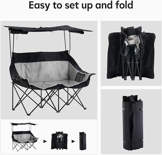 Outdoor Folding Chair with Umbrella Camping Chairs Loveseat Double Oversized Outdoor Chair with Cup Holder&ampCanopy Shade for BBQ Beach Fishing Easy Fold and Carry (Black+Grey)