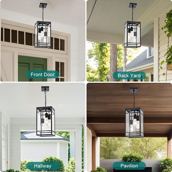Large Outdoor Pendant Light for Porch Black 3 Lights Outdoor Pendant Light Fixtures Modern Hanging Light Fixture Exterior Chandelier Hanging Lantern for PatioFront Door