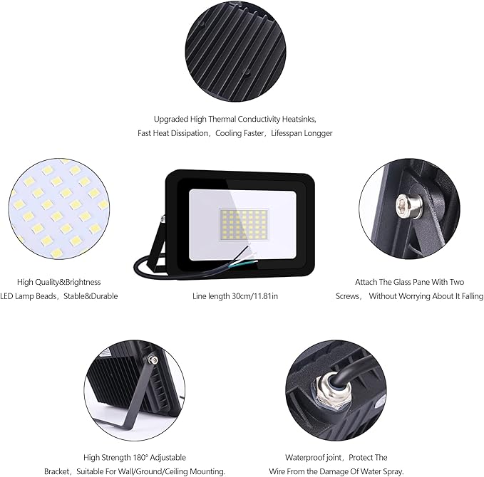 MIHEAL 2 Pack 50W LED Flood Light Cool White IP68 Waterproof Super Bright Work Light 110V Outdoor Floodlight for Yard Garden Garage Lawn Court