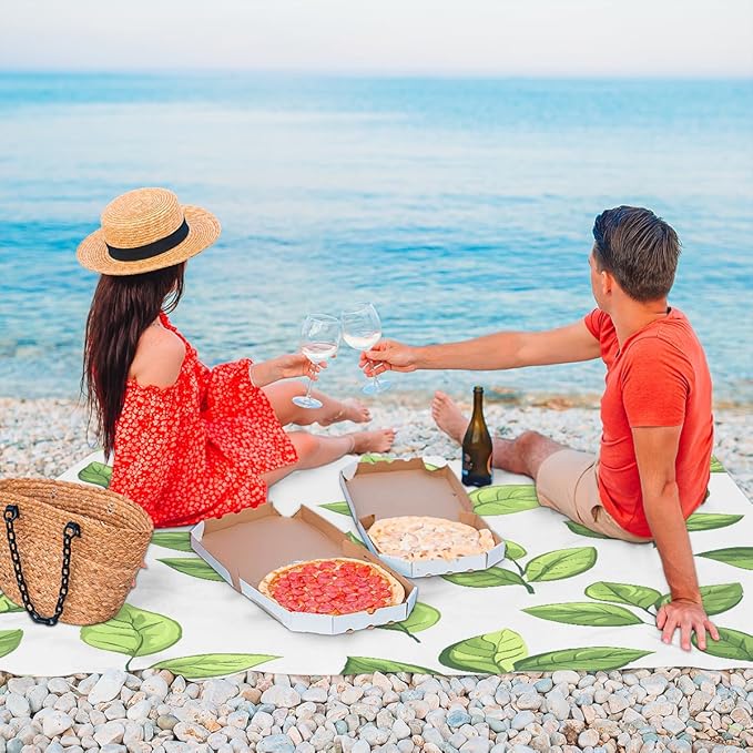 Waterproof Sandproof Beach Blanket 59''×68'' Elliptic Leaves Polyester Outdoor Picnic Blanket with 4 Stakes &amp Storage Bag for BeachCampingVacation White