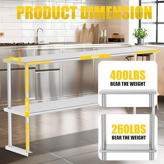 Double Overshelf 2 Tier Stainless Steel Shelf 12 x 60 Inches Weight Capacity 400 lb for Prep &amp Work Table in Restaurant Home and Kitchen