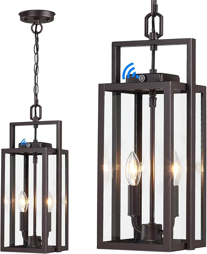 17.8'' Large Dusk to Dawn Outdoor Pendant Light 2-Light Modern Brown Metal Outside Chandelier Exterior Hanging Fixture Ceiling Mount with Clear Glass for Front Porch Entrance Entryway 1 Pack