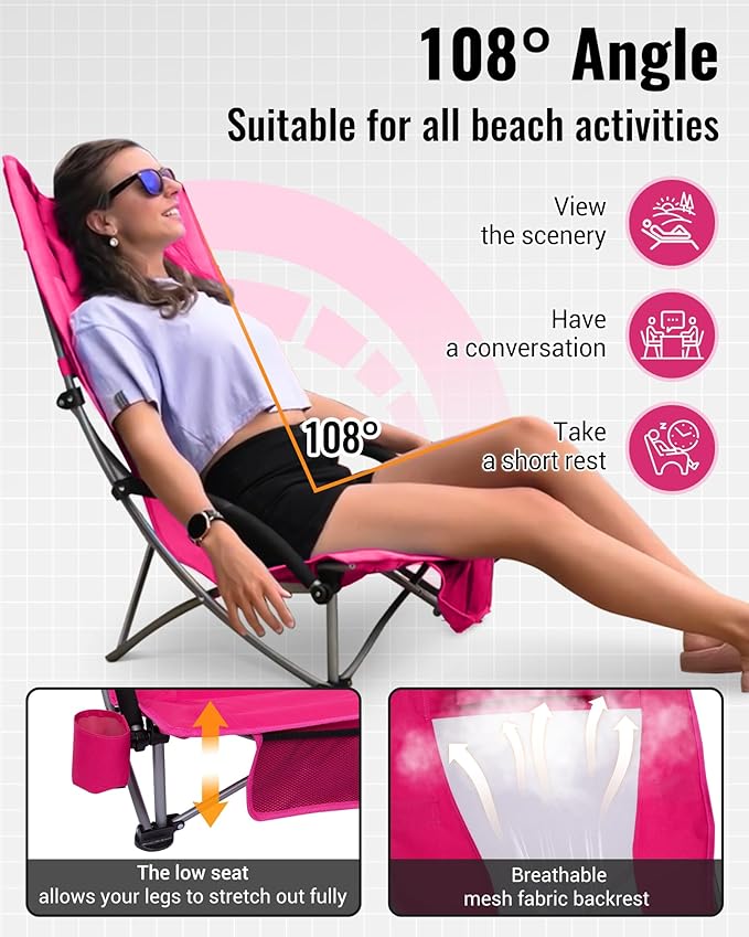 KingCamp Low Beach Chair High Back Folding Camping Chair for Adults Oversized Breathable Mesh Seat 300lbs Heavy Duty Portable Chair with Cup Holder &amp Storage Pockets for Beach Outdoor
