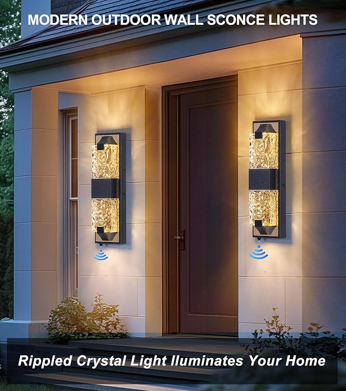 HITTO Porch Lights Outdoor Dusk to Dawn Outdoor Lighting 15.6'' Outdoor Wall Sconce IP65 Waterproof LED Exterior Lamp Ripple Crystal Glass Black&ampGold Modern Porch Light for House Front Door 2