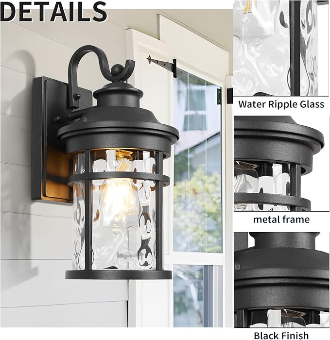 Treekee Outdoor Light Fixture Wall Mount Modern Exterior Wall Sconce with Water Ripple Glass &amp E26 Sockets for Front Porch Farmhouse Rustic Black Wall Lantern Lamp for Patio Garage Home Yard