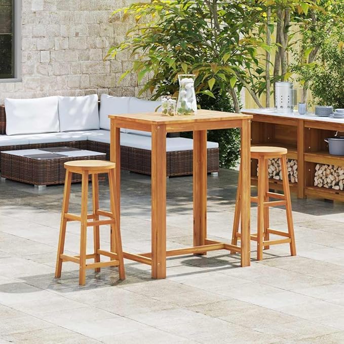 2-Piece Bar Stool Set Solid Acacia Wood Bar Chairs with Footrest for Kitchen Dining Room Outdoor Modern Design Durable Construction Comfortable Seating Easy