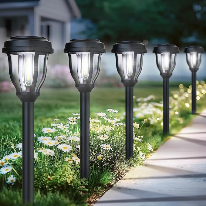 DERAYSION 12 Pack Solar Lights Outdoor Solar Pathway Lights Auto On/Off Waterproof Garden Landscape Lighting for Path Yard Walkway Driveway Cold White
