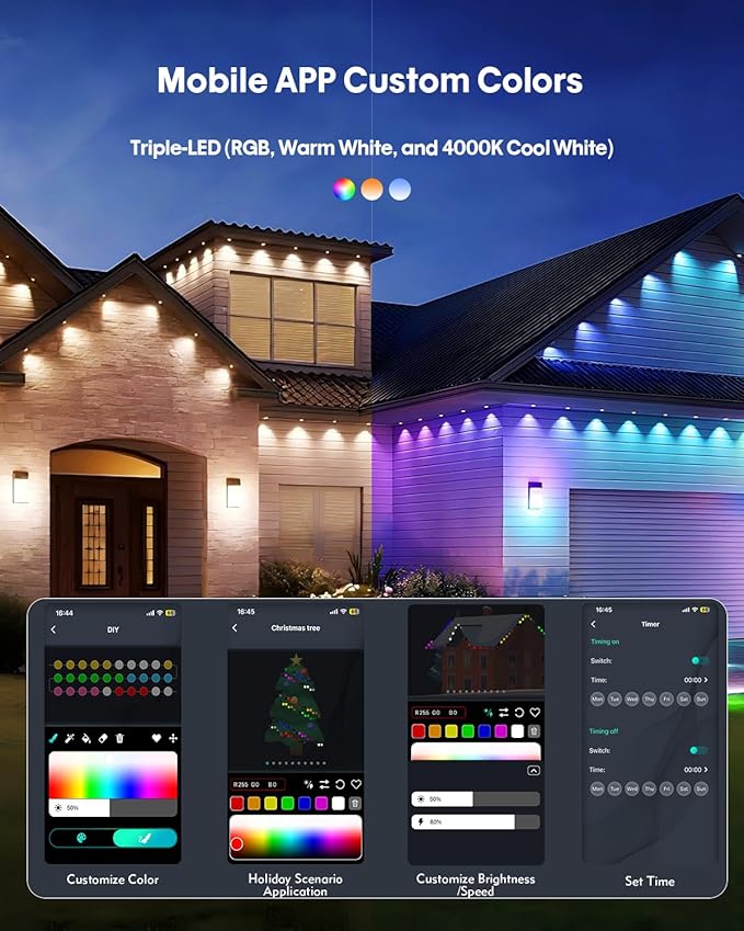 Permanent Outdoor Lights 50FT Smart RGB-IC Eave Lights DIY LED Christmas Light 4000K White &amp Multicolor APP/Remote Control Daily Waterproof (IP67) Holiday for House Outside Decor