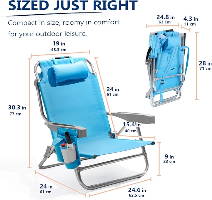 5-Position Aluminum Lay Flat Backpack Beach Chair 2 Pack Compact Portable Low Beach Chairs for Adults Beach Chair with Cooler Pouch Storage Pouch Towel Bar Cup Holder Blue