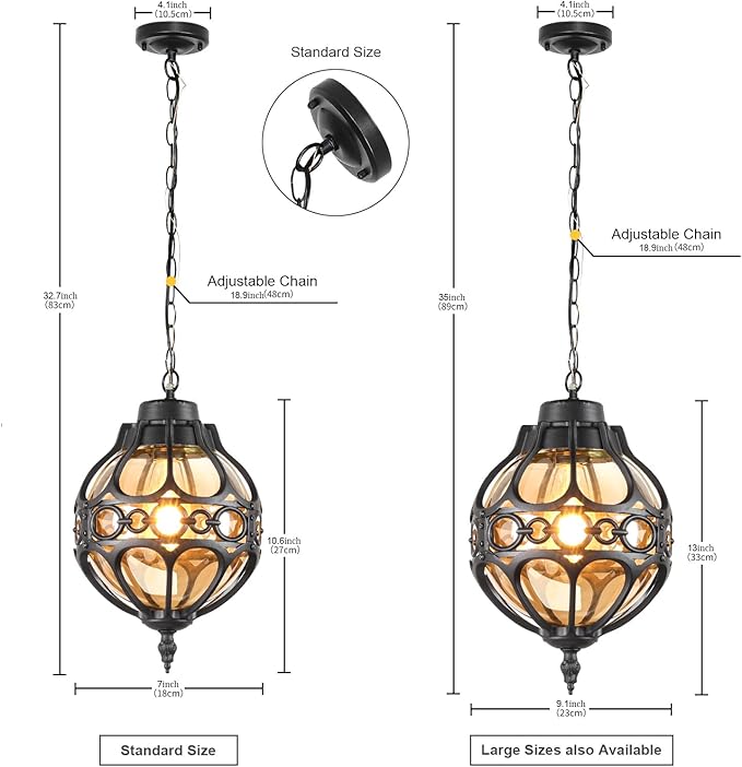 Globe Outdoor Pendant Lights for Porch Patio Garage Matte Black Aluminum Anti-Rust Hanging Light Fixture Industrial Round Amber Glass Exterior Chandelier Outside Pendant Lamp Lantern