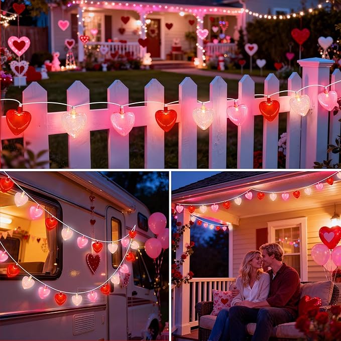 20 LED Valentine's Day Decorations Heart Lights 12Ft Heart String Lights Outdoor Waterproof with 20 LED Red Pink White Hearts Shaped with Glitter for Room Door Windows Fence Valentines Day Decor