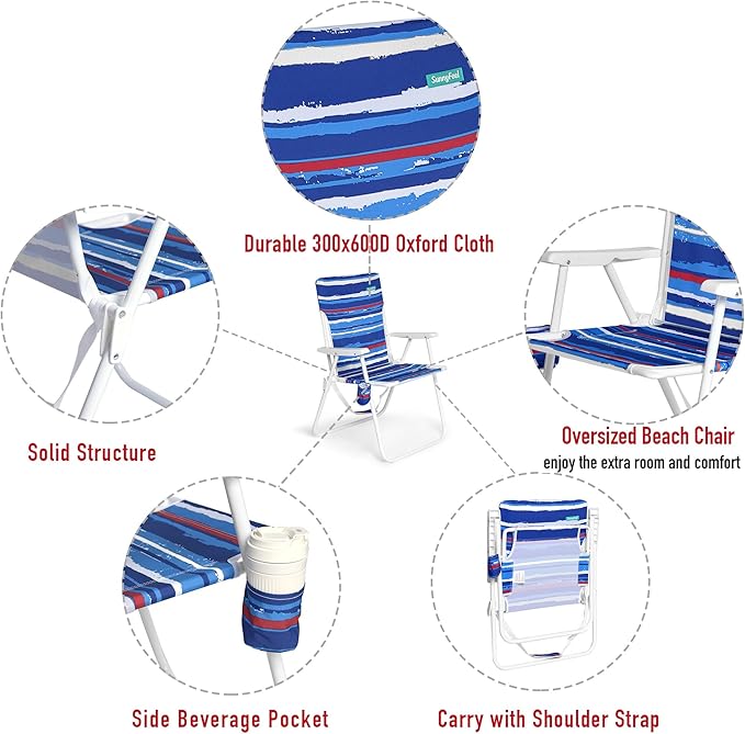 SUNNYFEEL Tall Folding Lawn Beach Chair Lightweight Portable Sand Chair for Adults Heavy Duty 300 LBS with Cup Holders Foldable Camping Lawn Chairs for Camp/Outdoor/Travel/Picnic/Concert/Sports