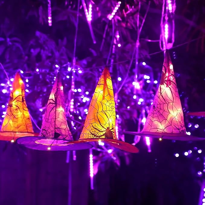 DAZZLE BRIGHT 8 Pcs Hanging Witch Hat String Lights Light Up Waterproof Halloween Decorations with Remote Control for Outdoor Garden Party Carnival Supplies Decor (2 Pack)