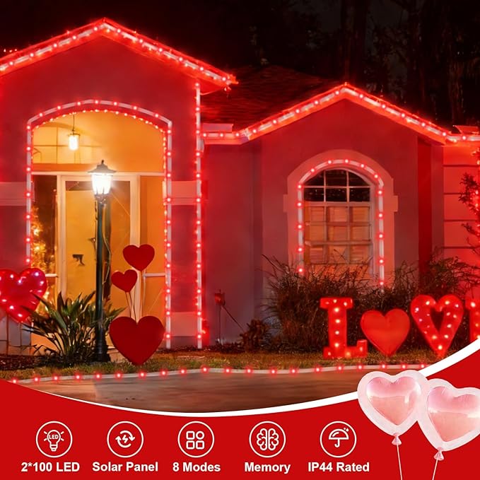 QITONG Red Solar Rope Lights Outdoor 2 Pack Each 33ft 100LED String Light 8 Modes Fairy Lights in Clear Thin Tube with 8 Modes