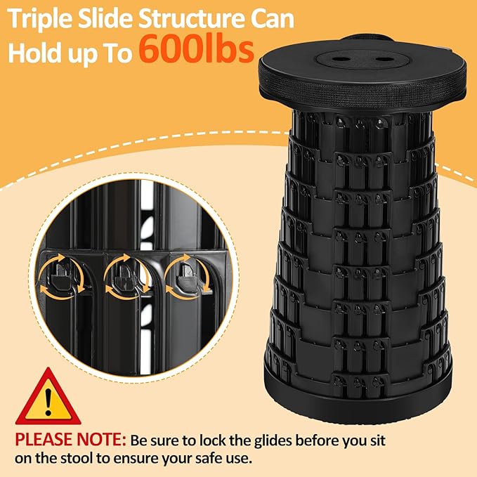Collapsible Stool - Upgraded with 3 Slides Load Capacity 600lbs Folding Camping Stool with 3-in-1 Carry Bag Lightweight Sturdy Retractable Suitable for Camping Fishing Hiking BBQ (Black)