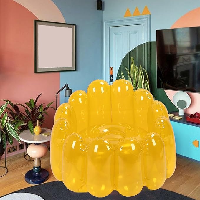 2Pcs Inflatable Chair Set Transparent Candy Color Inflatable Couch Sofa Adult 29.5 x 22in Portable Outdoor Blow Up Couch Seat for Camping Beach Balcony Pool Lawn (Yellow)