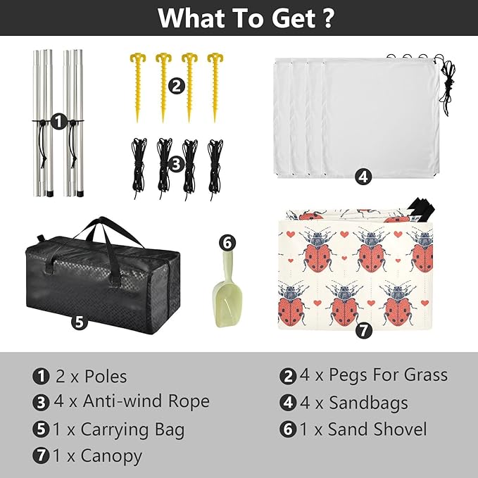 ALAZA Lady Bug Heart Dotted Lines Beach Tent Sun Shelter UPF50+ Protection Beach Shade Canopy w/ 4 Sandbags for Outdoor Camping Fishing Backyard Fun Picnic 10x9 ft