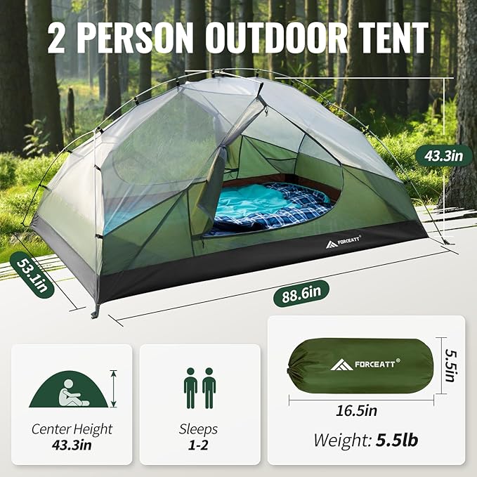 Forceatt Tent for 2 and 3 Person is Waterproof and Windproof Camping Tent for 3 to 4 SeasonsLightweight Aluminum Pole Backpacking Tent Can be Set Up QuicklyGreat for Hiking