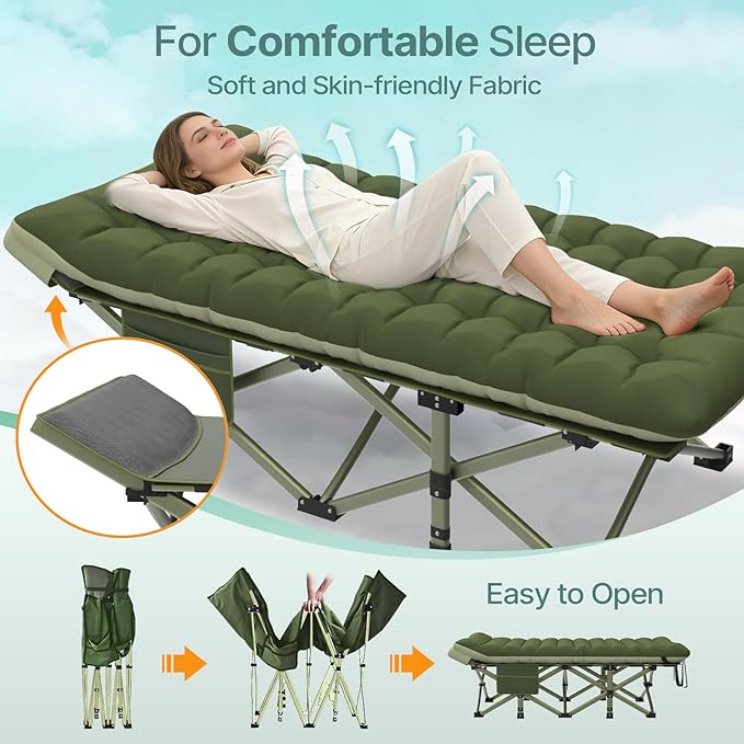 Suteck 32In XXL Folding Camping Cot 900LBS Heavy Duty Sleeping Cot with Pillow Mattress 1200D Double-Layer Oxford Portable Cot for Adults with Carry Bag for Home Office Nap Beach Travel
