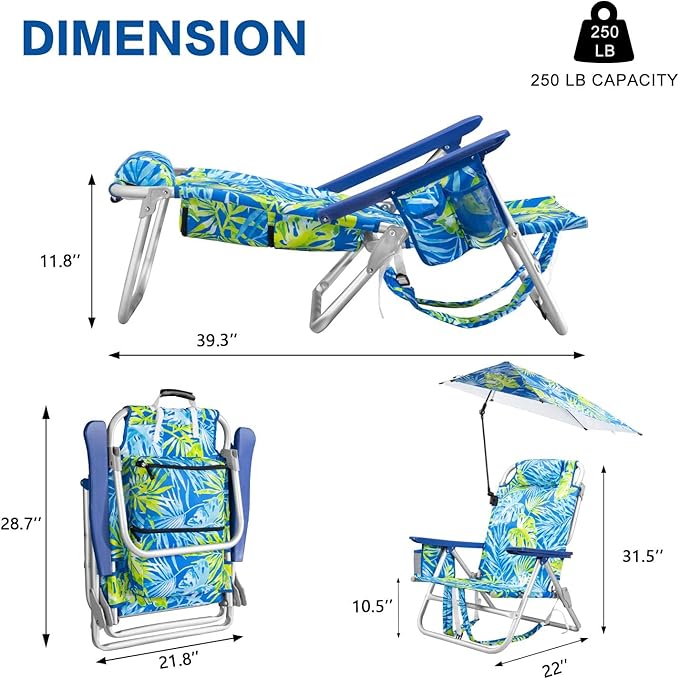 LEMBERI Backpack Beach Chair with Umbrella for Adults1/2 Pack Folding Heavy Duty Camping Chair with Large Pockets and Cup HolderAdjustable high Beach Lounge Chairs with Towel Rack (1 Palm Leaf)