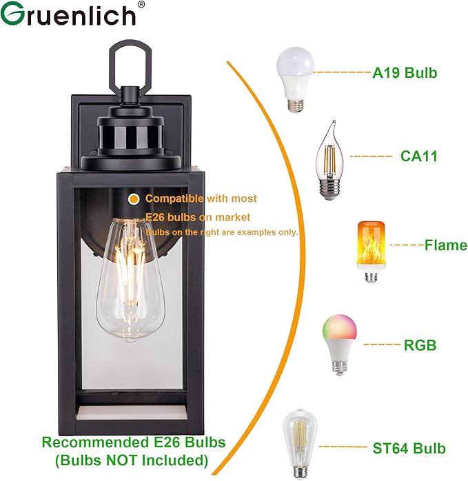 GRUENLICH Dusk to Dawn Outdoor Wall Lantern PIR Motion Sensor Wall Sconce E26 Base Max 60W Metal Housing Plus Glass Matte Black Finish Bulb Not Included 2-Pack