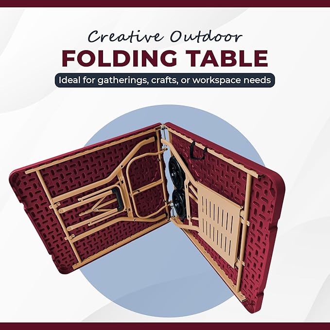 Creative Outdoor Folding Table and Chairs 6 Ft Built-in Wheels Portable Durable Plastic (Dark Red &amp Gold)