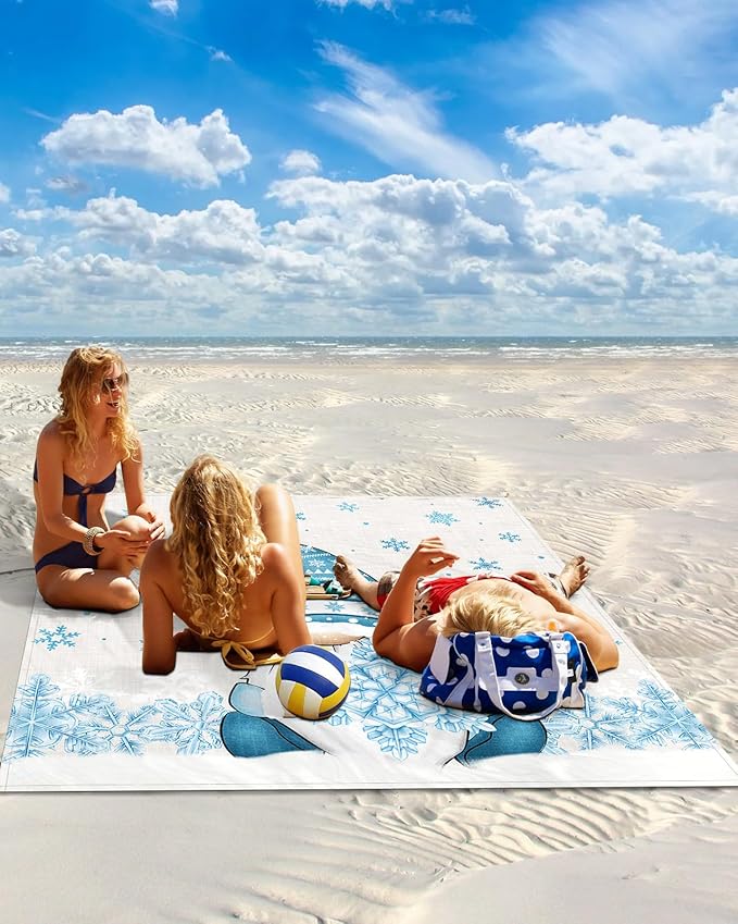 Beach Blanket Waterproof Sandproof Merry Christmas Cute Farm Dwarf Quick Drying Beach Mat with 4 Stakes Blue Snowflake on Linen Lightweight Picnic Blanket for Travel Camping Outdoor 83x79