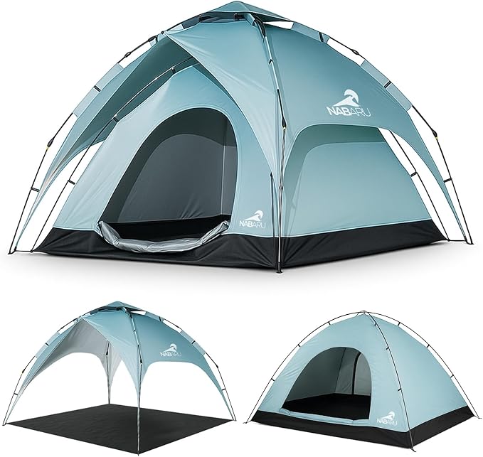 Automatic Camping Tent 3-in-1 Pop Up Tent for 4 People - Waterproof Polyester Ripstop with UV Protection Silver Coated Inner Layer Ideal for Family Camping.