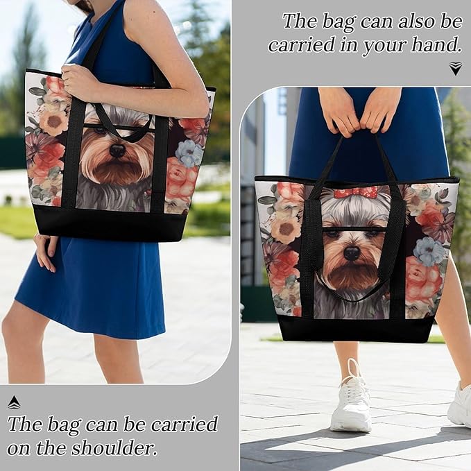 Insulated Shopping BagLarge Reusable Cooler Bags Yorkie Floral Printed Foldable Shopping BagTravel Waterproof Shoulder Bag