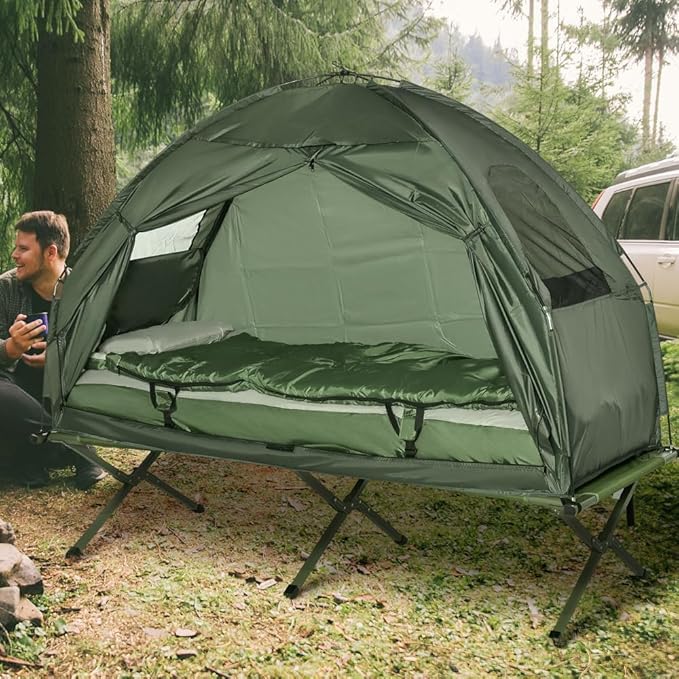 Portable Camping Cot for AdultsFolding Cot for Sleeping with Mattress Elevated Tent and Sleeping Bag Multifunctional Outdoor Tent Cot Bed 1 Person