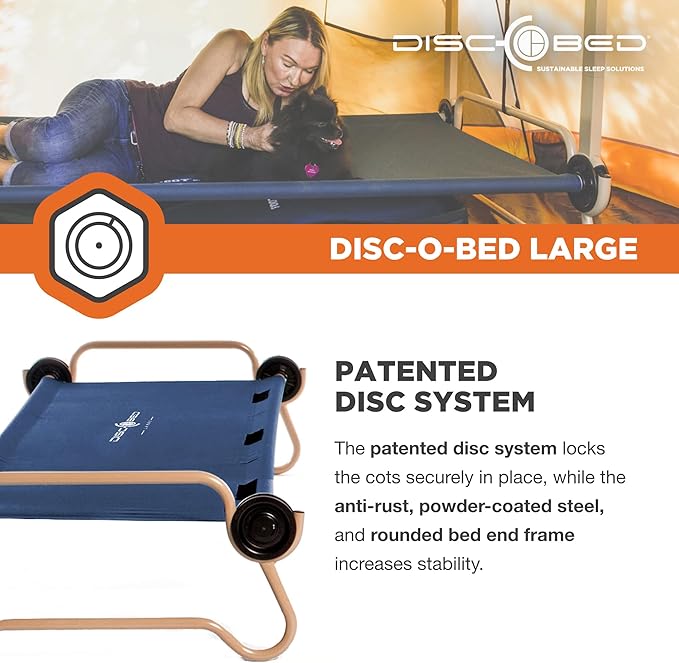 Disc-O-Bed Large Outdoor Convertible 2 Person Bench and Double Camping Cot Portable Bed Bunk System for Adults Navy