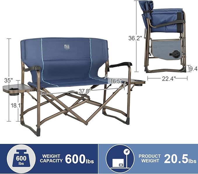 Timber Ridge Double Camping Chair Foldable Loveseat Directors Chairs Oversized Double Folding Camping Chairs with 2 Side Tables 2 Person Lawn Chair Heavy Duty Support 600 LBS for Outdoor Blue
