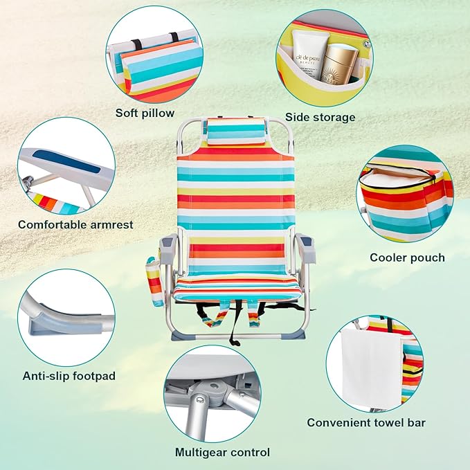 Folding Beach Chair Lightweight Folding Webbed Lawn Beach Chair for Adults with Headrest and Cup HolderLow Beach Chair 5 Position Lay FlatOutdoor ChairCollapsible ChairsRainbow Stripes