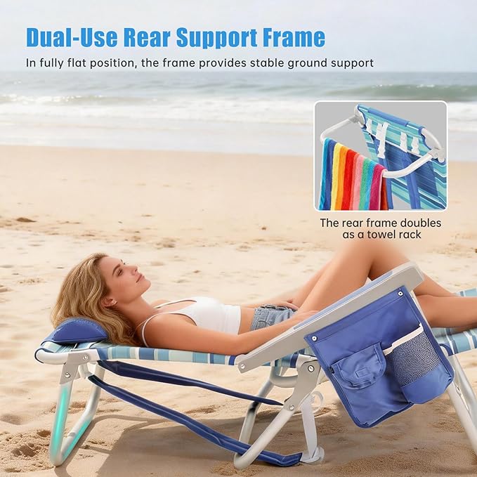 SUNNYFEEL Beach Chairs for Adults 2 Pack 5 Position Lay Flat Portable Folding Backpack Beach Chair Heavy Duty with Cooler Bag Cup Holder for Outdoor/Lawn/Picnic Foldable Camping Chair